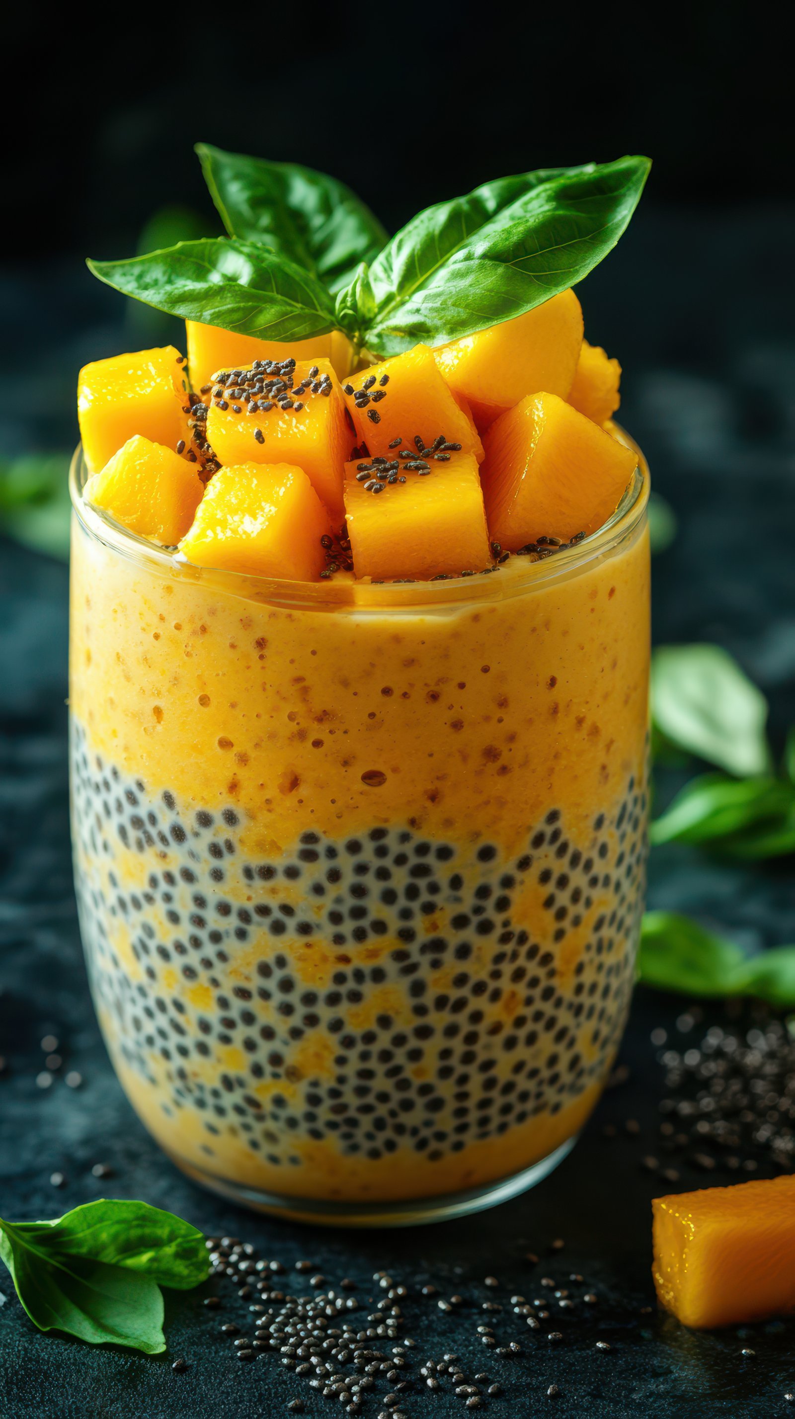 Delicious mango chia pudding topped with fresh mango cubes and basil on a dark textured surface